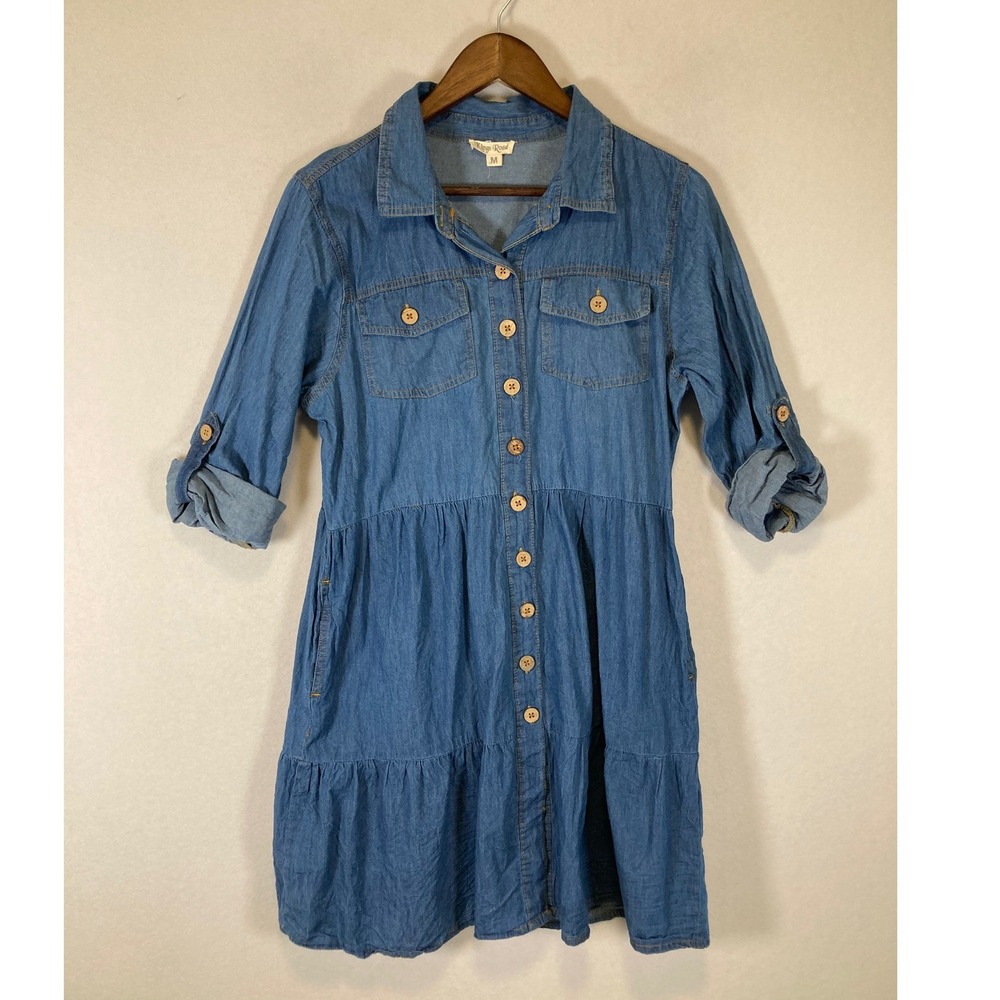 Western Boho Kings‎ Road Women Med Blue Denim Tiered Roll Tab Sleeve Shirt Dress